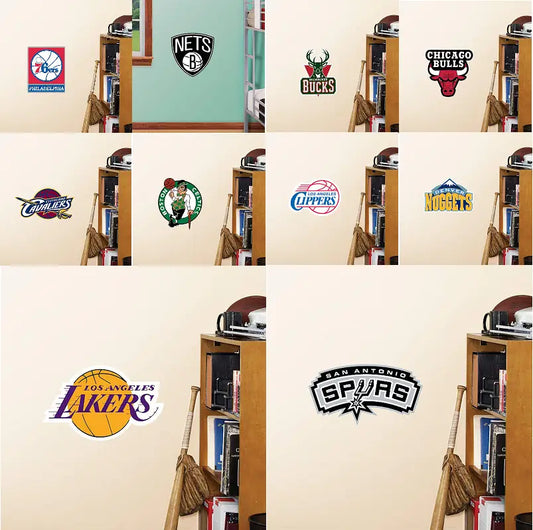 NBA team logos on dry wall featuring Official NBA Basketball Fathead stickers