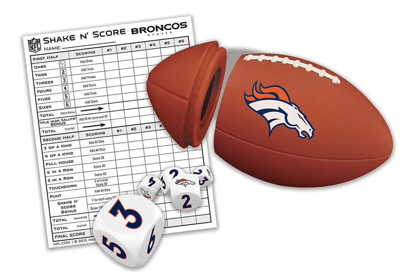 Denver Broncos logo on NFL Shake n Score dice game with game accessories