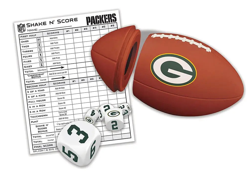 Football with Green Bay Packers logo, dice, and scoring sheet for NFL Shake n Score game