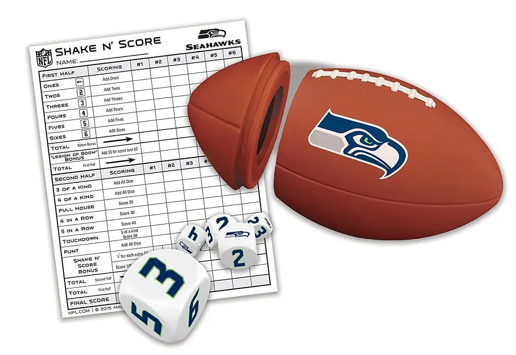 Football with Seattle Seahawks logo in Official NFL Shake n Score dice game