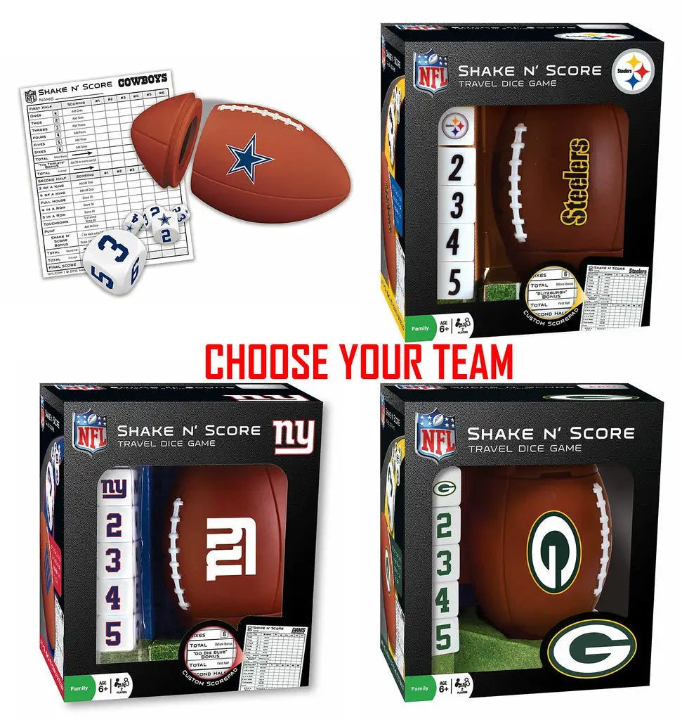 NFL Shake n Score dice game sets featuring team logos and football designs