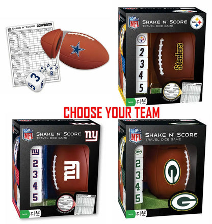 NFL Shake n Score dice game sets featuring team logos and football designs