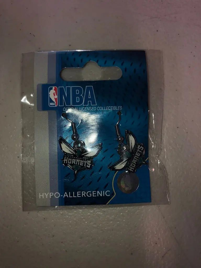Hypoallergenic Charlotte Hornets NBA Team Dangle Earrings in packaging for officially licensed NBA
