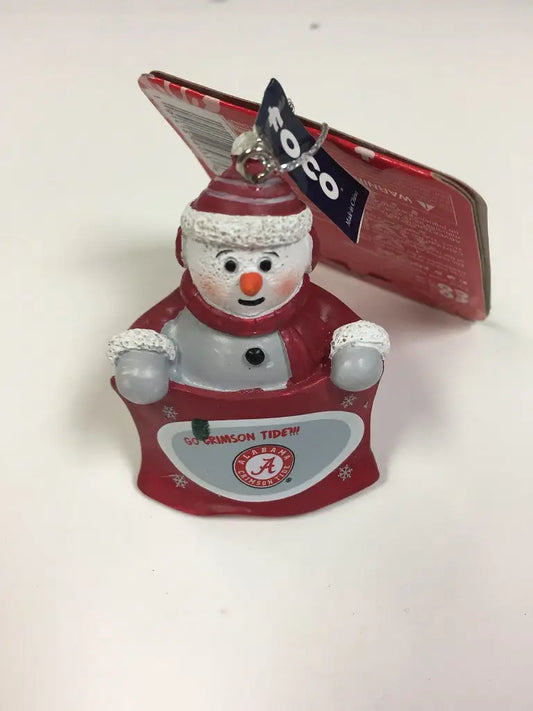 Snowman-shaped ornament in Alabama Crimson Tide colors, officially licensed NCAA design