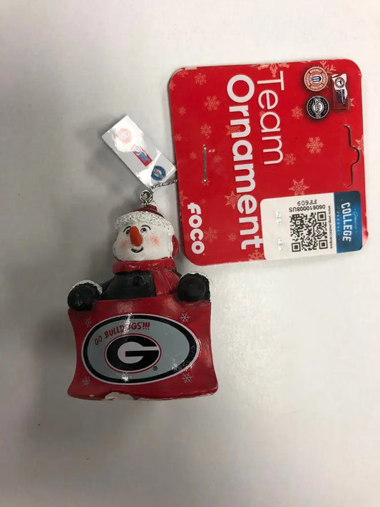 Christmas ornament of a Snowman on Georgia Bulldogs logo base, perfect for football cards fans