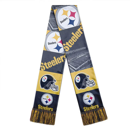 Officially licensed NFL Pittsburgh Steelers scarf with logos and bar design in team colors