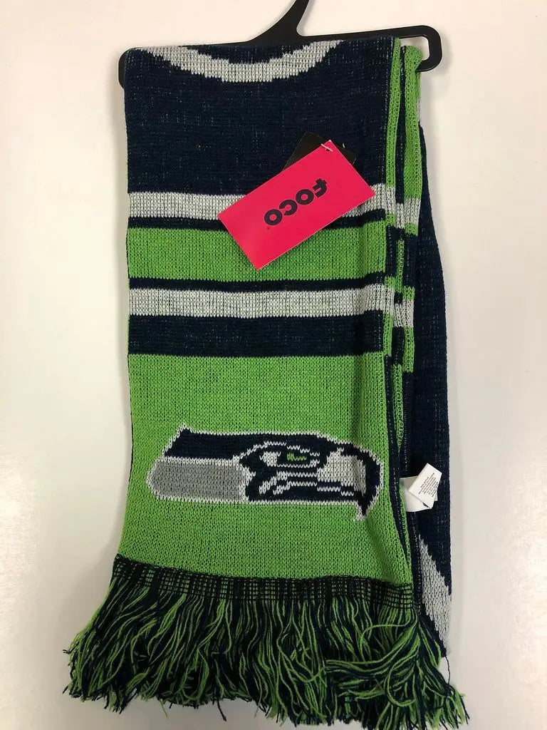 Striped knit scarf in Seahawks colors and logo, officially licensed NFL big logo scarf