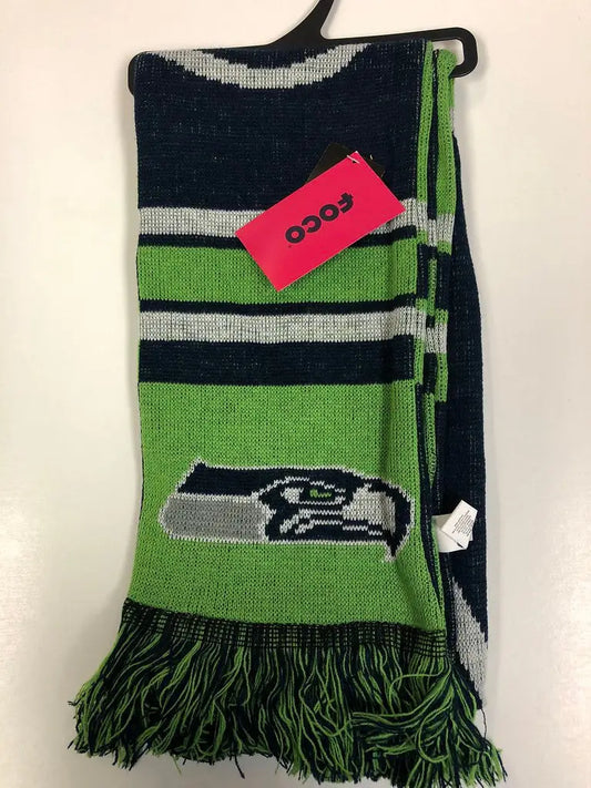 Striped knit scarf in Seahawks colors and logo, officially licensed NFL big logo scarf