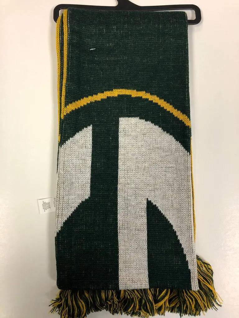 Green and white officially licensed NFL colorblock big logo scarf with yellow fringe