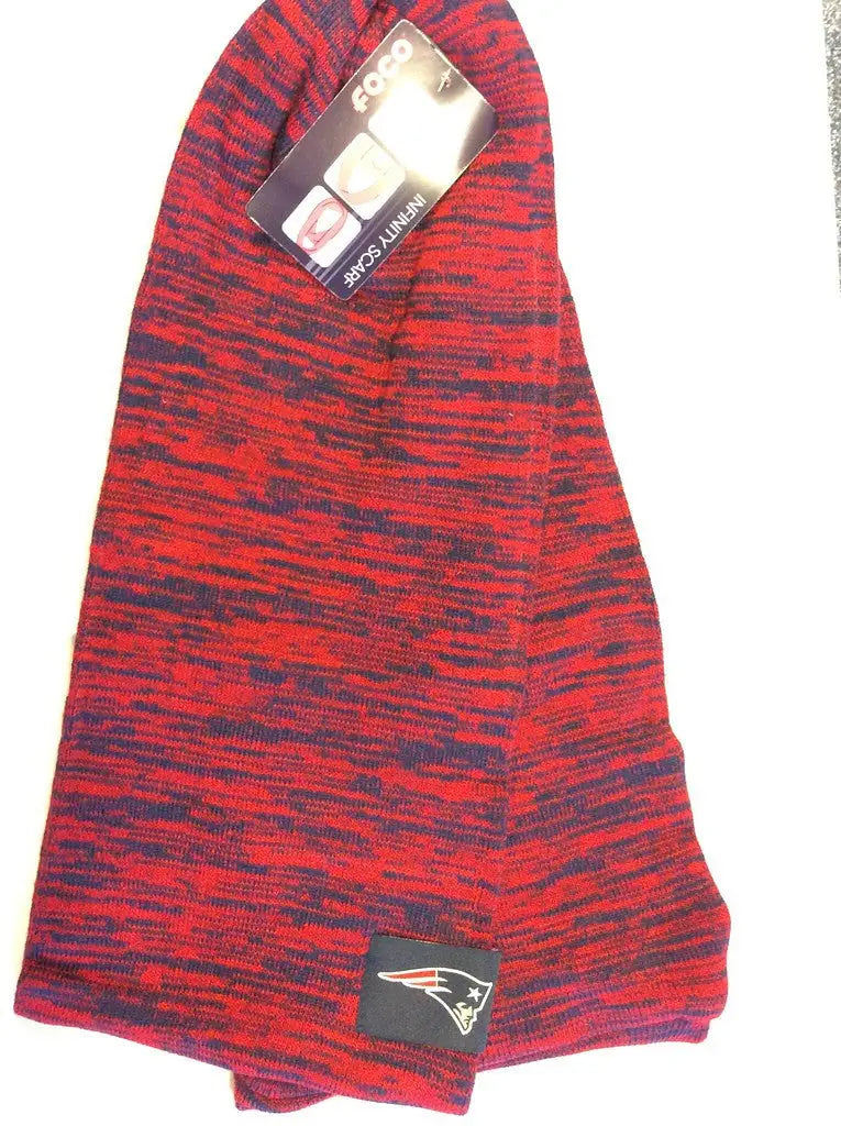 Red and blue marled knit beanie with New England Patriots logo for NFL infinity scarf