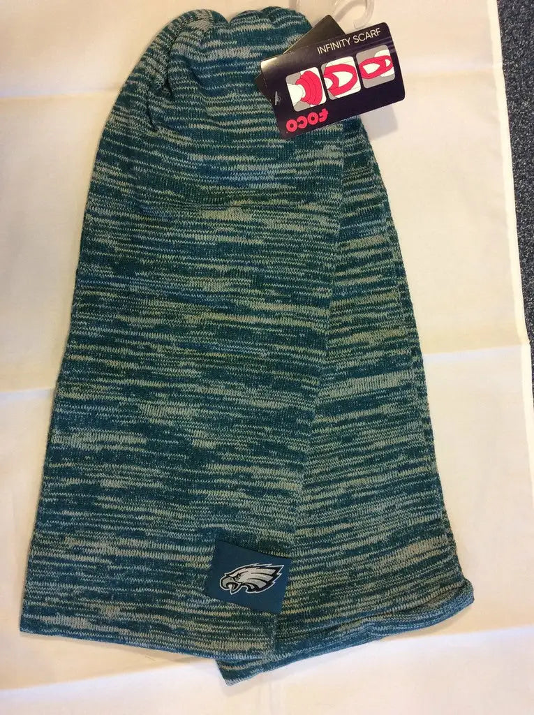 Green and black marled knit beanie with Eagles logo for NFL Colorblock Infinity Scarf