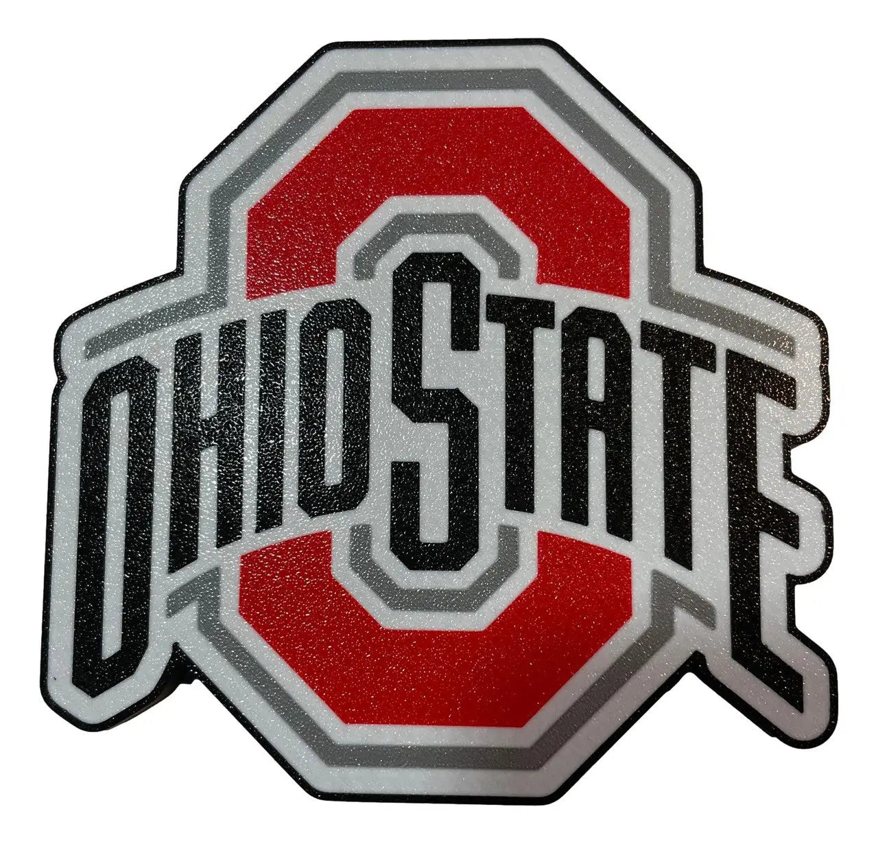 Vibrantly colored glitter-textured Ohio State Buckeyes logo sign for NCAA football display