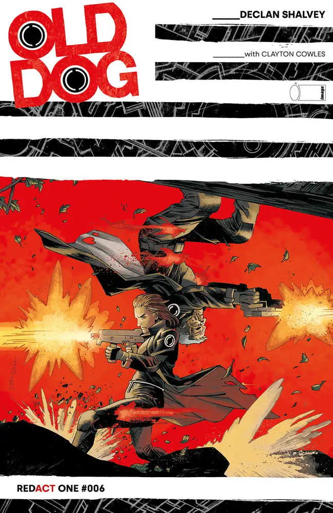 Comic book cover of Old Dog #6 with a figure in a coat firing guns amidst explosions