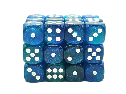 Translucent blue school dice set with white pips from Old School Dice RPG minis games