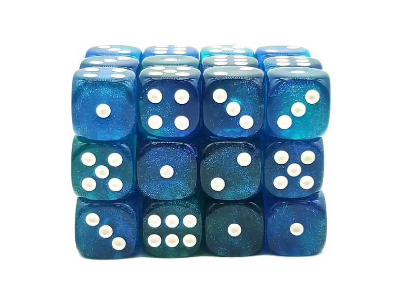Translucent blue school dice set with white pips from Old School Dice RPG minis games