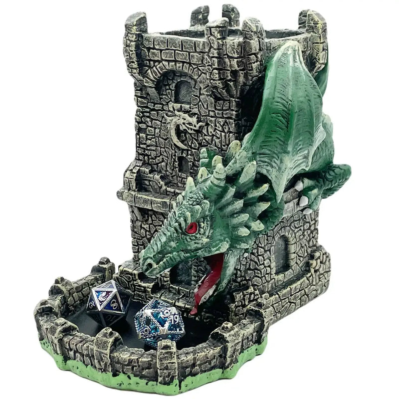Dragon’s Fury Dice Tower with detailed dragon design and two dice at its base