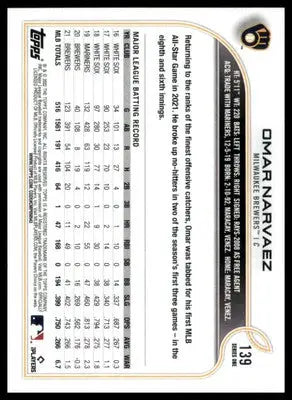 Omar Narvaez 2022 Topps #139 Milwaukee Brewers - Baseball Card Single