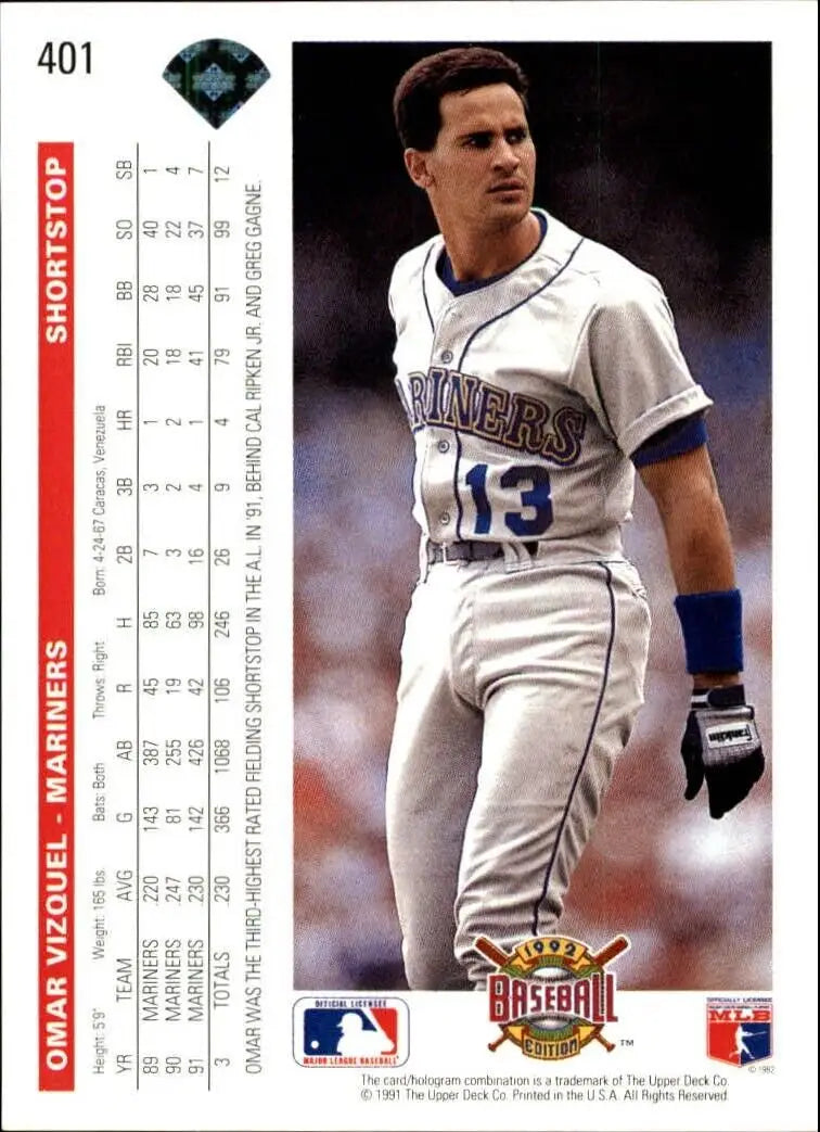 Omar Vizquel 1992 Upper Deck MLB #401 Baseball Card Seattle Mariners