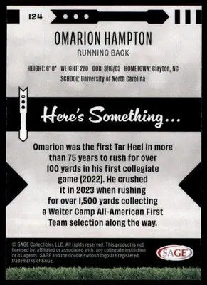 Omarion Hampton 2025 SAGE HIT #124 North Carolina Tar Heels - Football Card Single