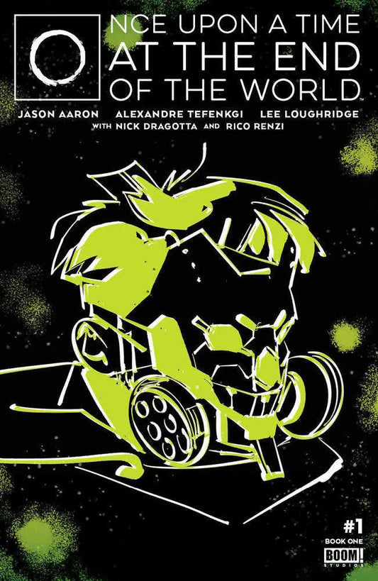 Stylized green silhouette in gas mask on Once Upon A Time At End Of World trading card cover