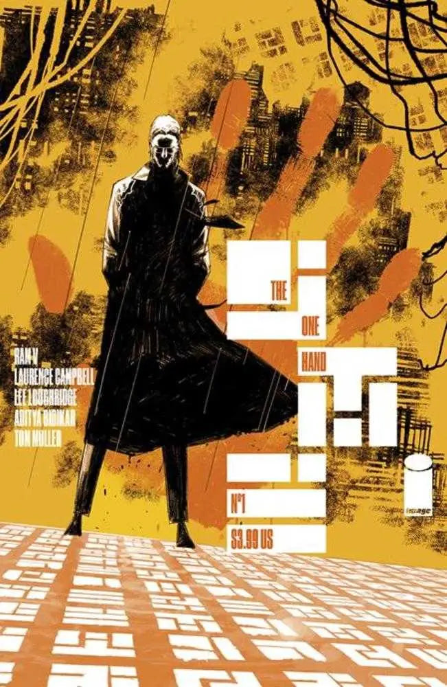 Silhouetted figure in long coat against orange-black backdrop for One Hand #1 neo novena variant