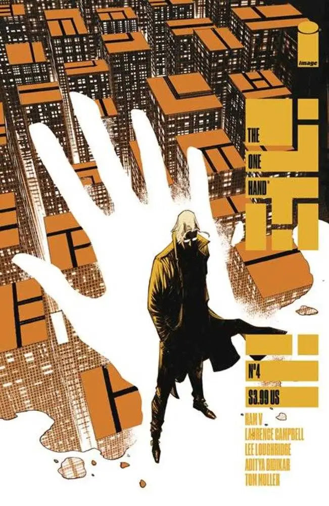 Silhouetted figure in a long coat against white hand backdrop for Lee Loughridge trading cards