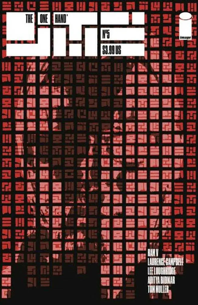 Dark silhouette on red square grid from One Hand #5 by Laurence Campbell and Lee Loughridge
