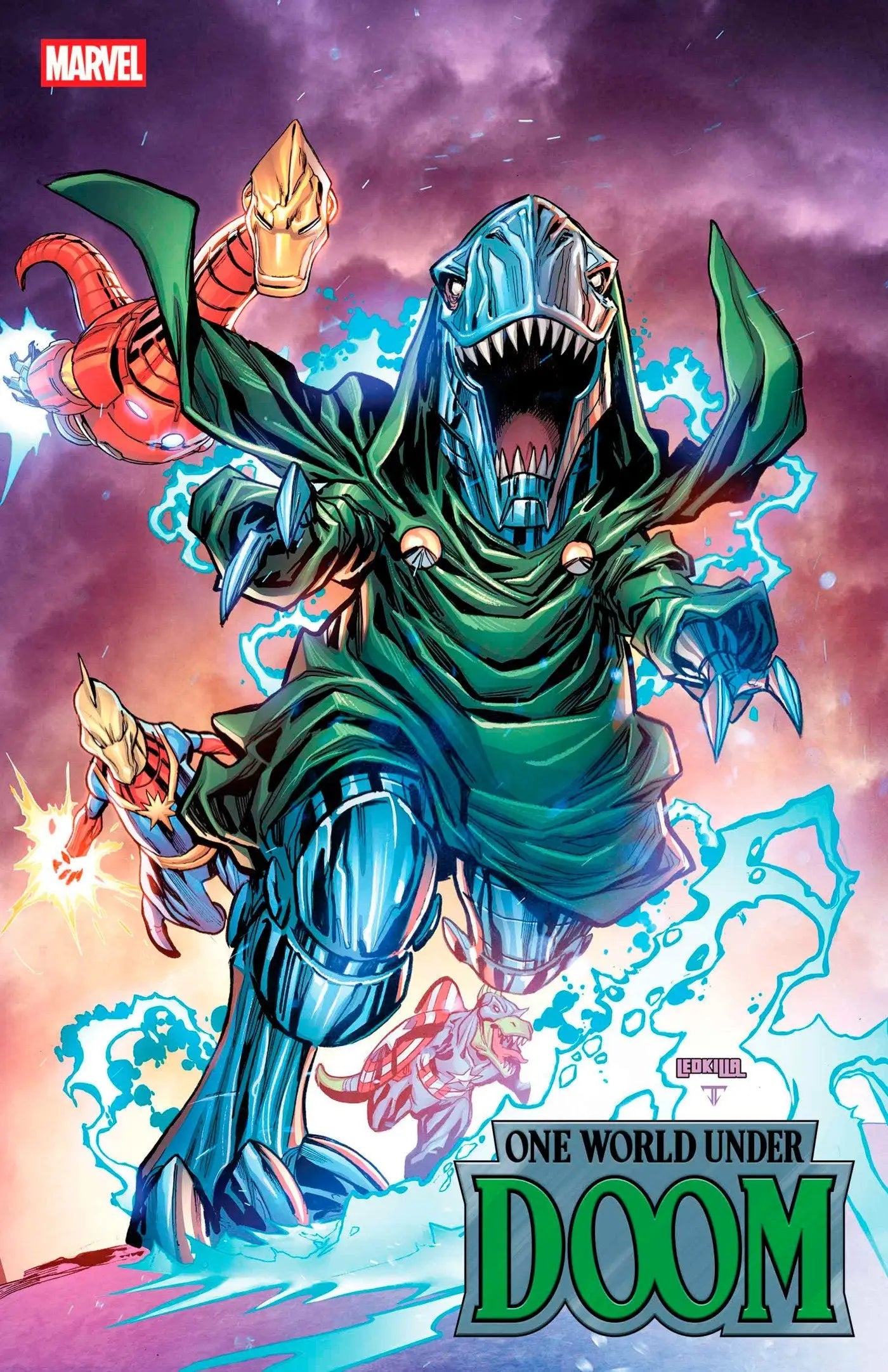 Comic book cover featuring a dinosaur-headed Doctor Doom from the One World Under Doom Domasaur Variant by Ken Lashley