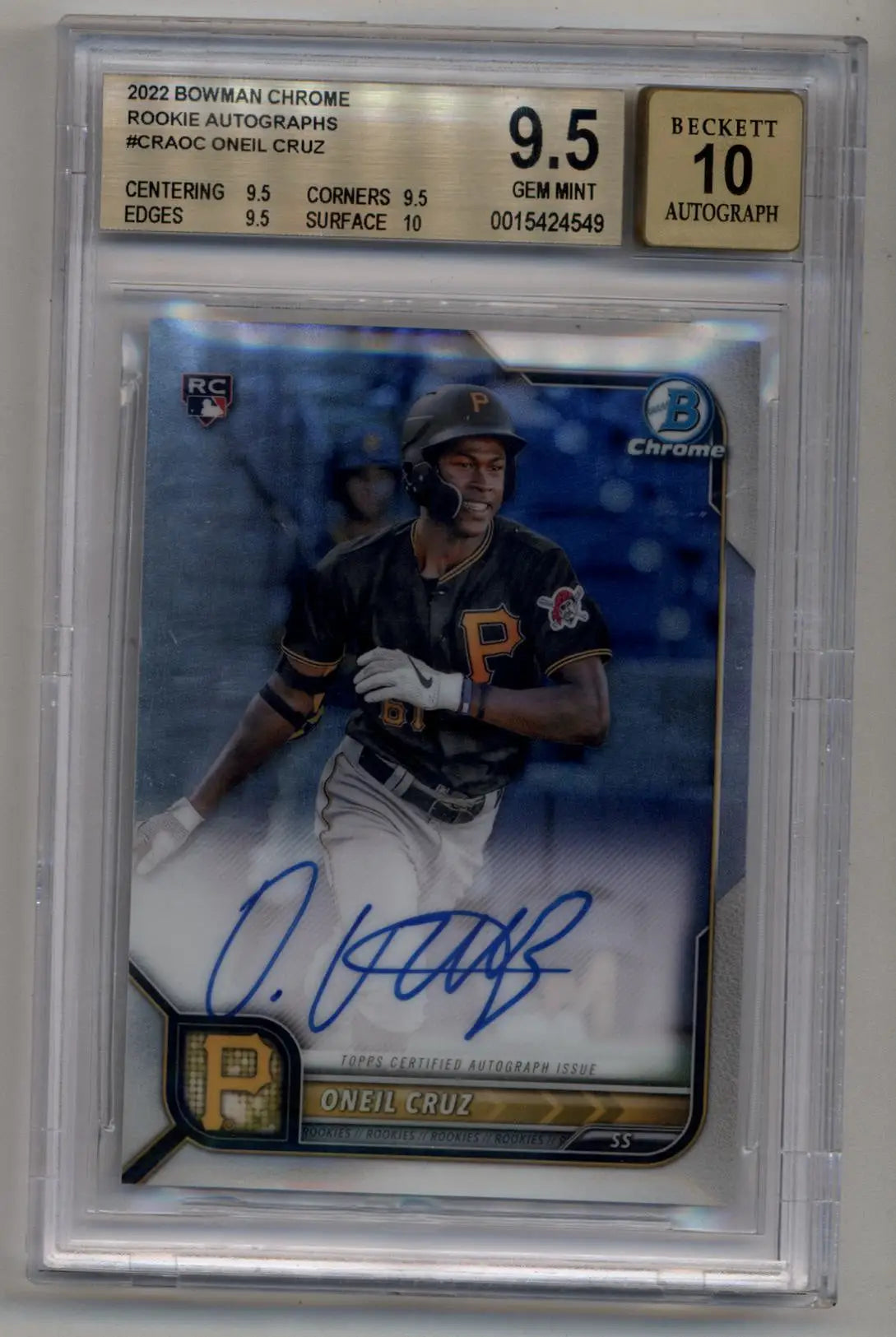Graded 2022 Bowman Chrome O’Neil Cruz rookie auto baseball card BGS 9.5 Gem Mint