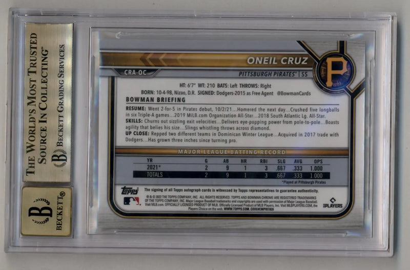 Graded baseball trading card of Oneil Cruz Bowman Chrome Rookie Auto BGS 9.5 Gem Mint