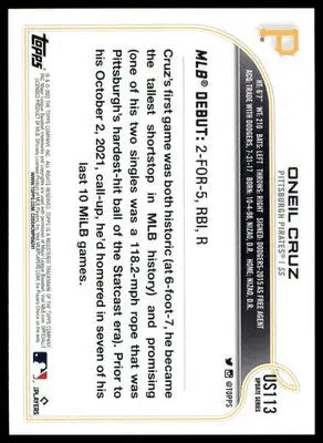 Oneil Cruz 2022 Topps Update #US113 Pittsburgh Pirates - Baseball Card Single