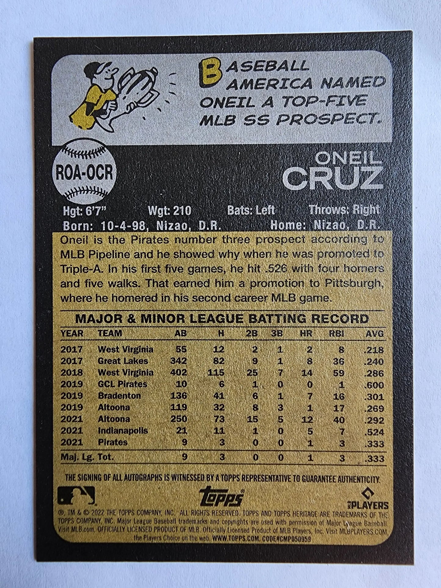 O’Neill Cruz 2022 Topps Heritage Real Ones Auto RC - Baseball Card Single