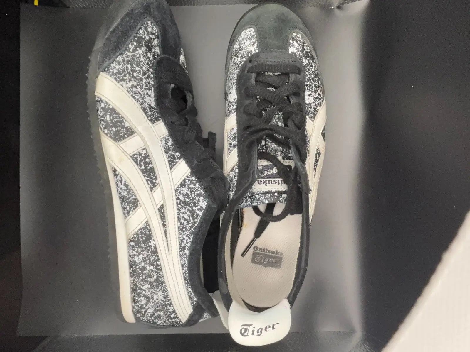 Onitsuka Tiger Mexico 66 HL7C2 Black White Paint Splatter Leather Mens 7 Wmns 9