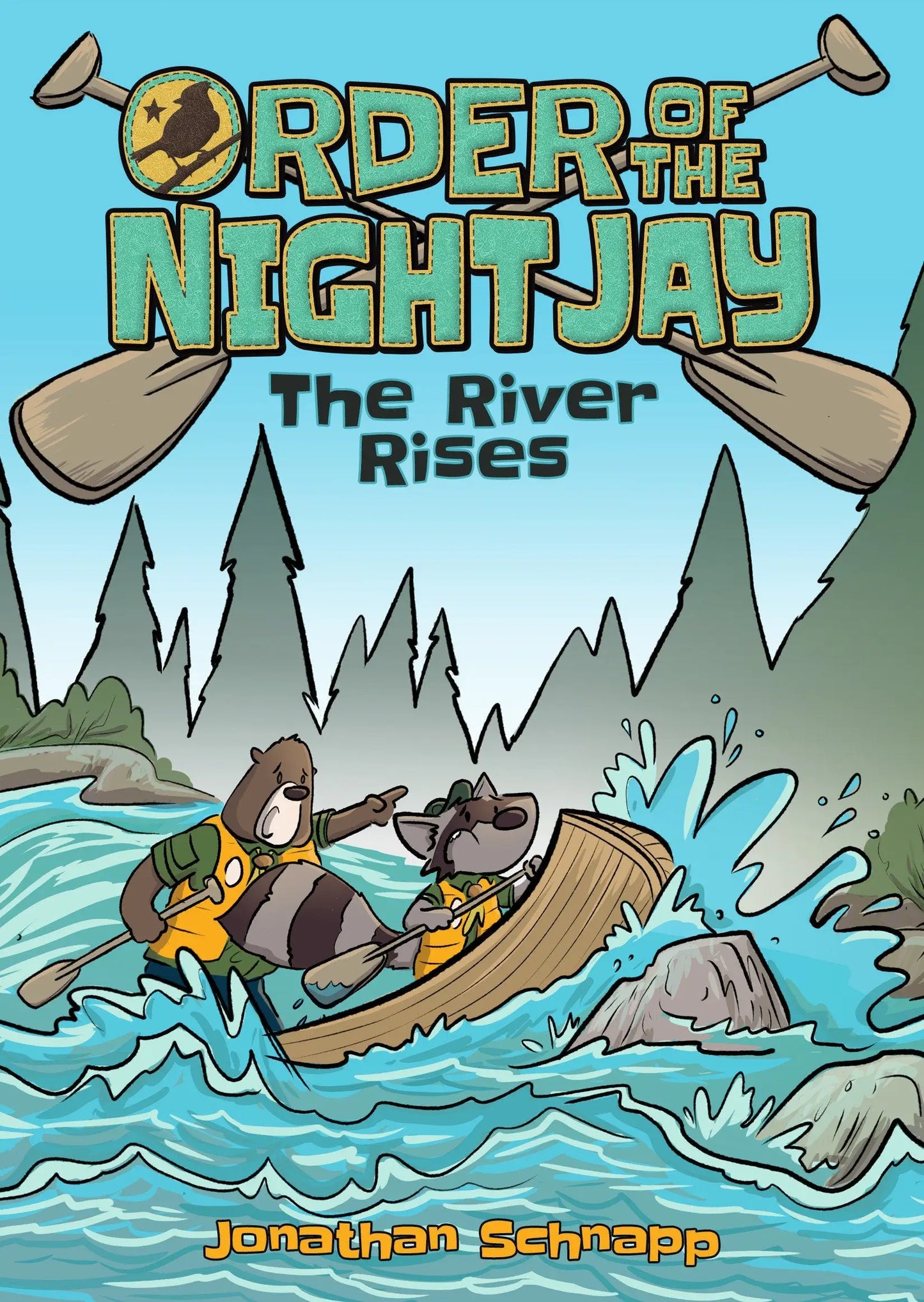 Children’s book cover featuring two raccoons in a canoe on a rushing river from Camp Jay Night Jay series