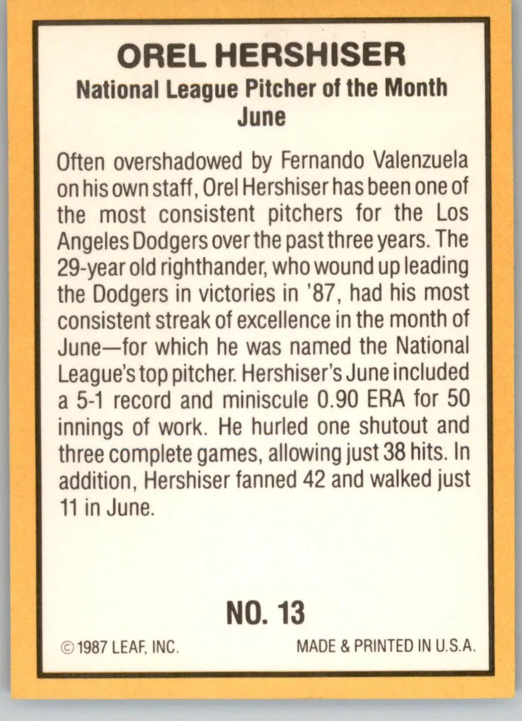 Orel Hershiser - 1987 Donruss Highlights - #13 - Baseball - Baseball Card Single