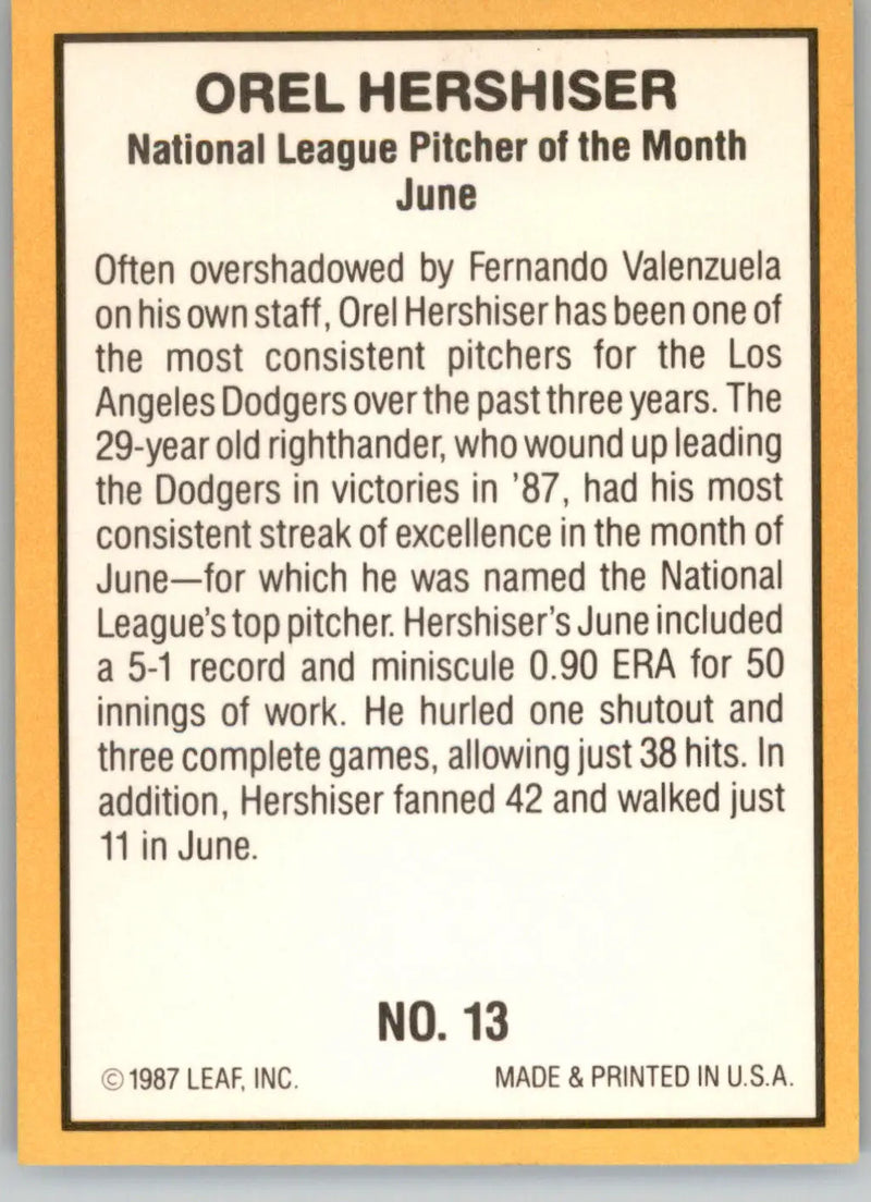 Orel Hershiser - 1987 Donruss Highlights - #13 - Baseball - Baseball Card Single