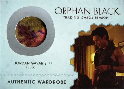 Orphan Black trading card featuring Felix wardrobe swatch and character image