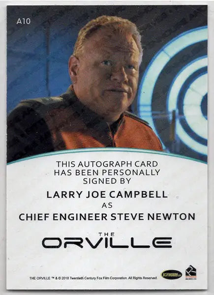 Autograph card of Larry Joe Campbell as Chief Engineer Steve Newton in orange uniform