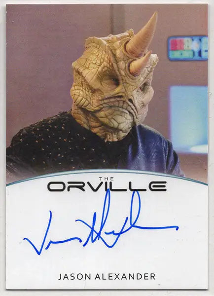 Alien creature mask with wrinkled skin on Jason Alexander Autograph Card A25 trading cards