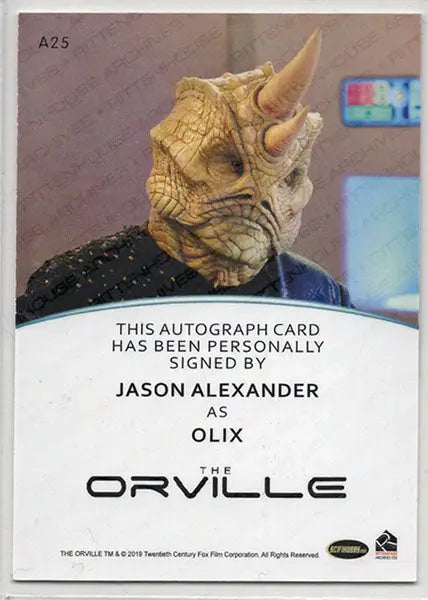 Autograph card of Jason Alexander as Olix, a reptilian character from The Orville