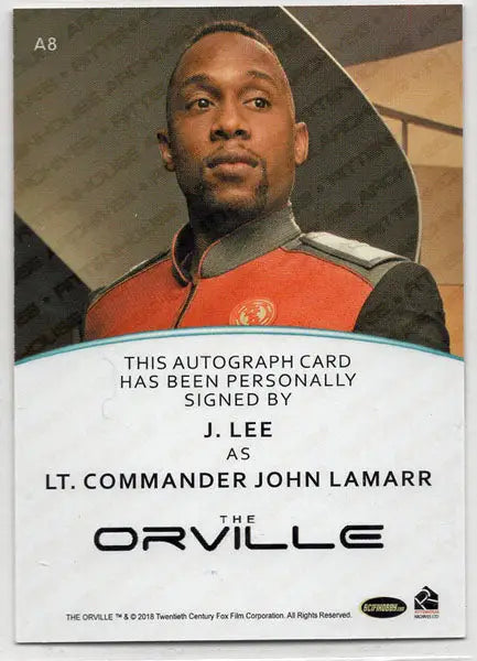 Autograph card of John Lamarr in red uniform from The Orville trading cards collection