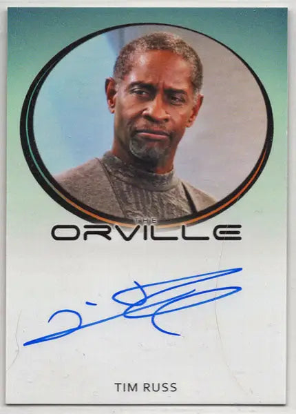 Autographed trading card of Tim Russ as Dr. Sherman in gray sweater from Orville Archives