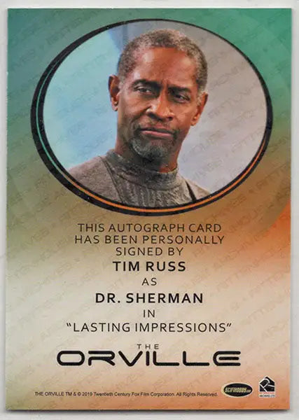 Autograph card of Tim Russ as Dr. Sherman from The Orville TV series trading cards