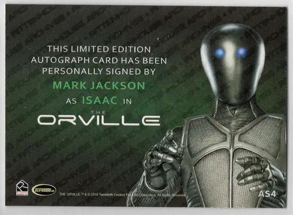 Limited edition silver autograph card of Mark Jackson as Isaac from The Orville