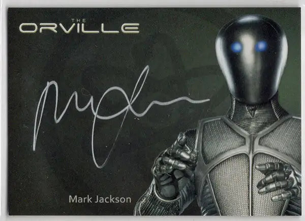 Robotic figure with black teardrop-shaped head on Orville Archives Silver Autograph Card