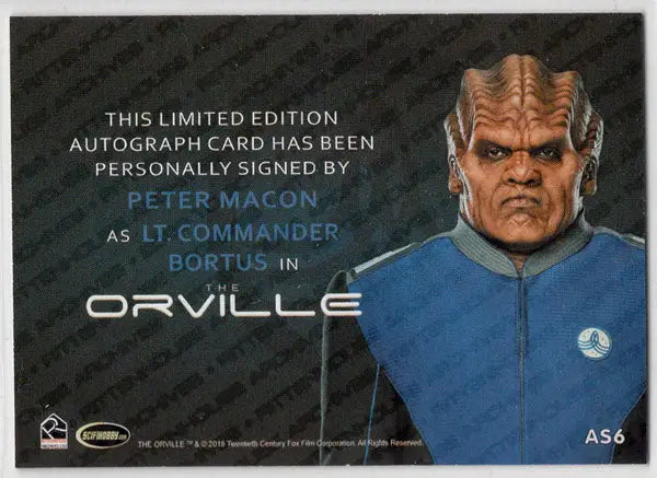 Silver autograph card of Moclan character Lt. Commander Bortus from The Orville