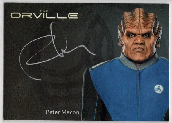 Alien character with forehead ridges in blue uniform on Orville Archives silver autograph card