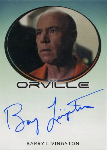 Autograph card of Barry Livingston in orange uniform, Orville Season 1 trading cards