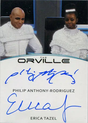 Autographed dual autograph card featuring Philip Anthony-Rodriguez and Erica Tazel from The Orville