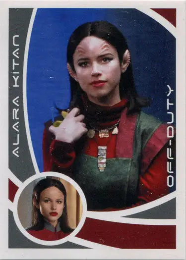 Trading card of Halston Sage as Alara Kitan in a red and green costume
